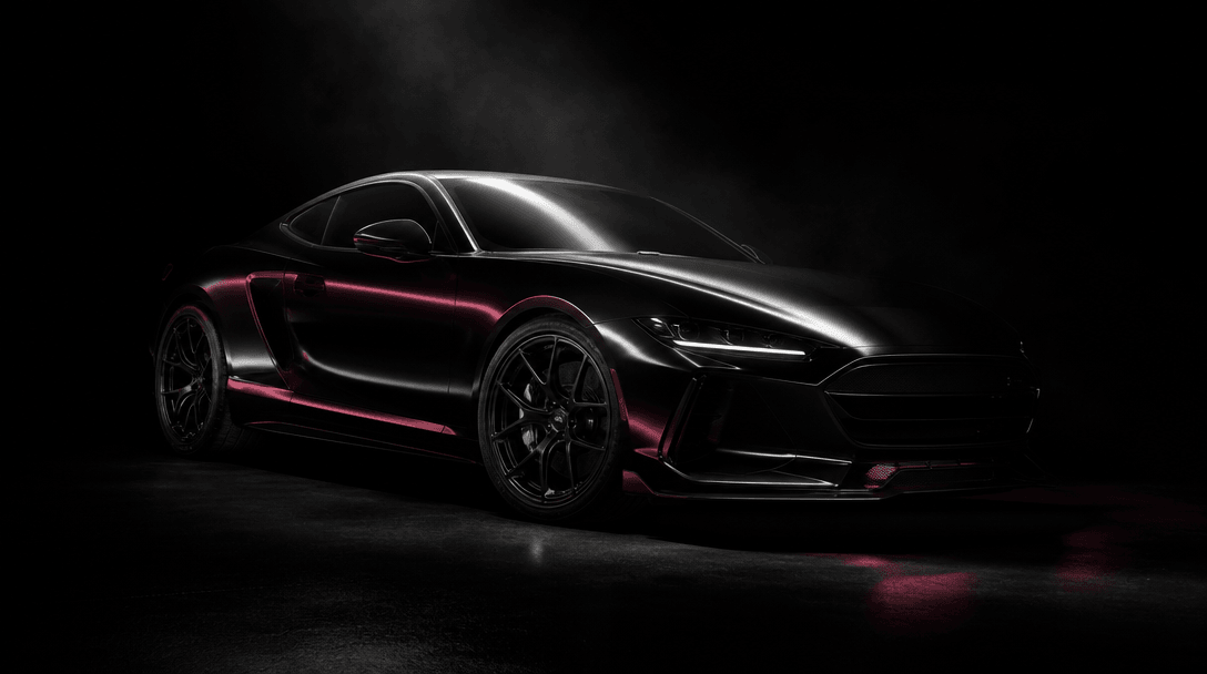 A black performance car emerging from deep shadow on a seamless near-black studio stage, one narrow beam of white light 
