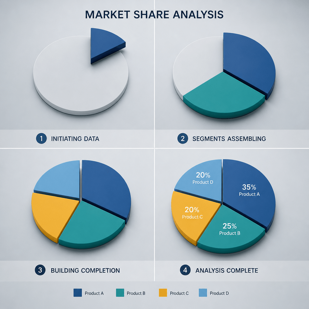 Pie chart segments assembling with smooth transitions, analytical style, professional color palette, studio lighting, sh