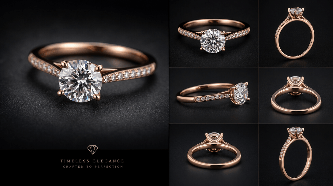 High-end jewelry product photography with multiple angles rotating, premium lighting setup, dark luxury background.