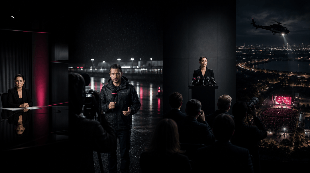 One continuous wide scene transitioning between a minimal newsroom, rainy field report, stark press conference, and aeri