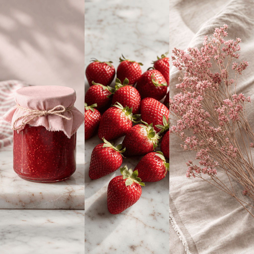 Three-panel composition for a pastel-pink artisan strawberry jam jar: hero jar on aged white marble, second panel of gli