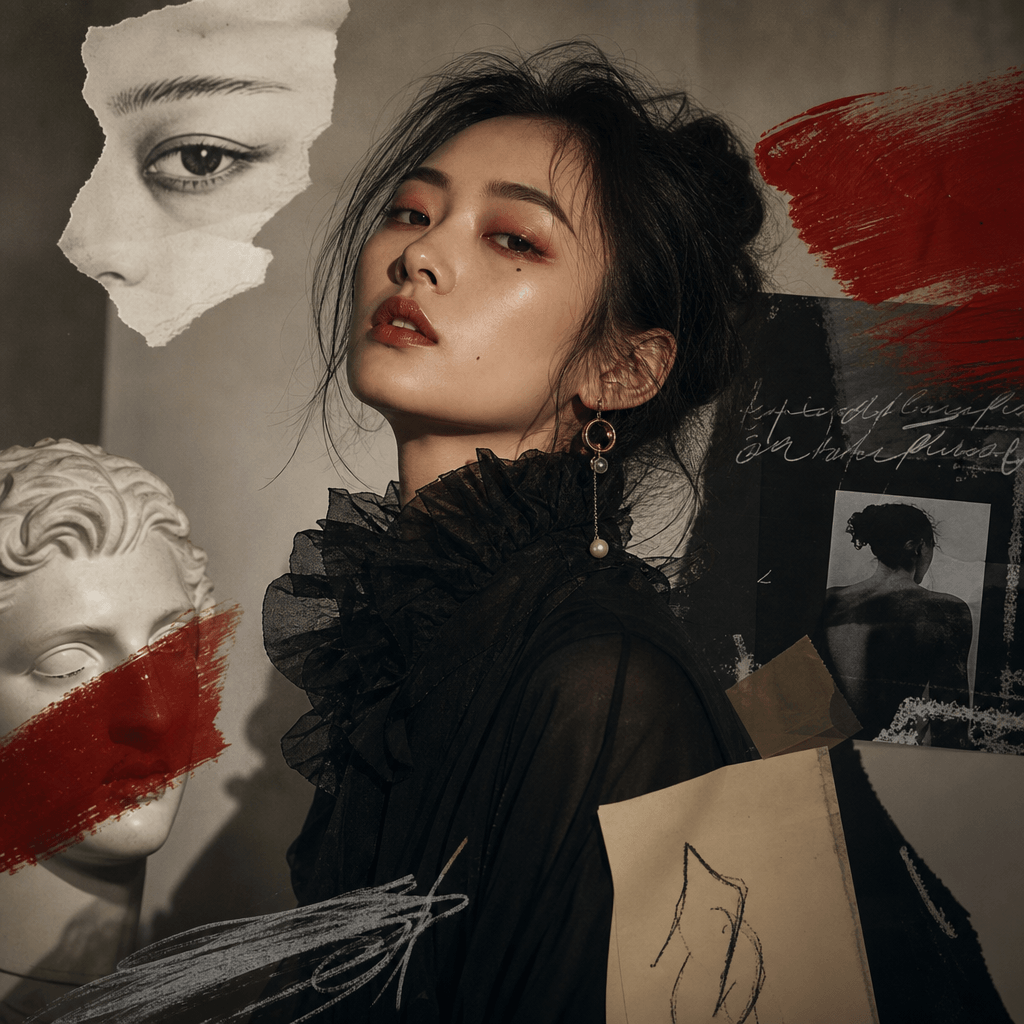 An artistic studio portrait with dramatic lighting and unconventional elements, demonstrating the creative potential of 