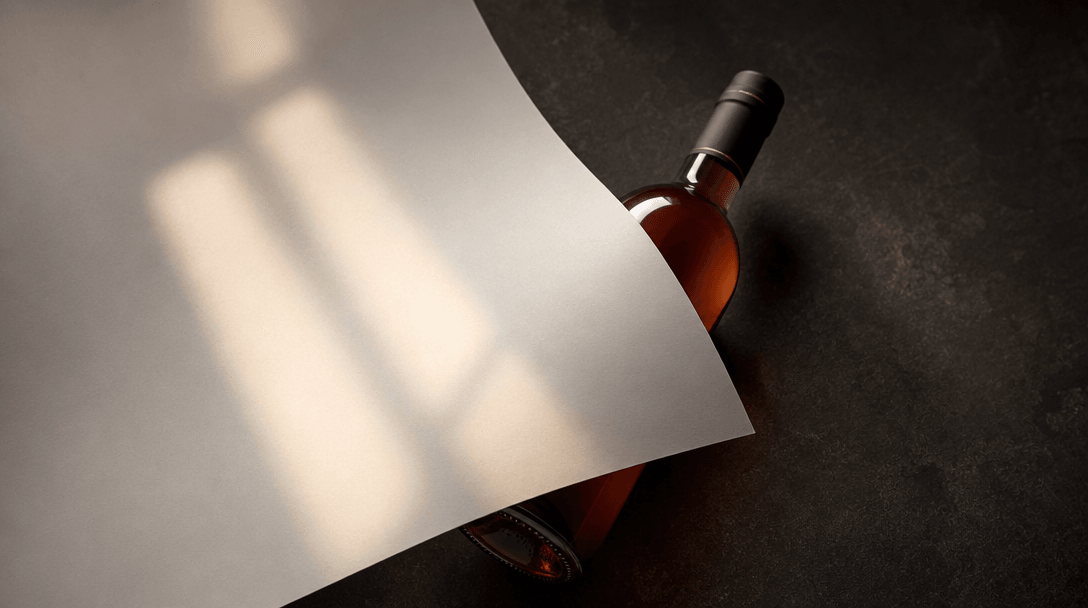 A single premium beverage bottle placed on a dark studio surface, partially covered by a white paper sheet. Soft warm wi