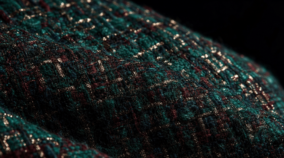 Extreme macro close-up of couture fabric: structured tweed with intricate multi-tone weave, dramatic raking side light r