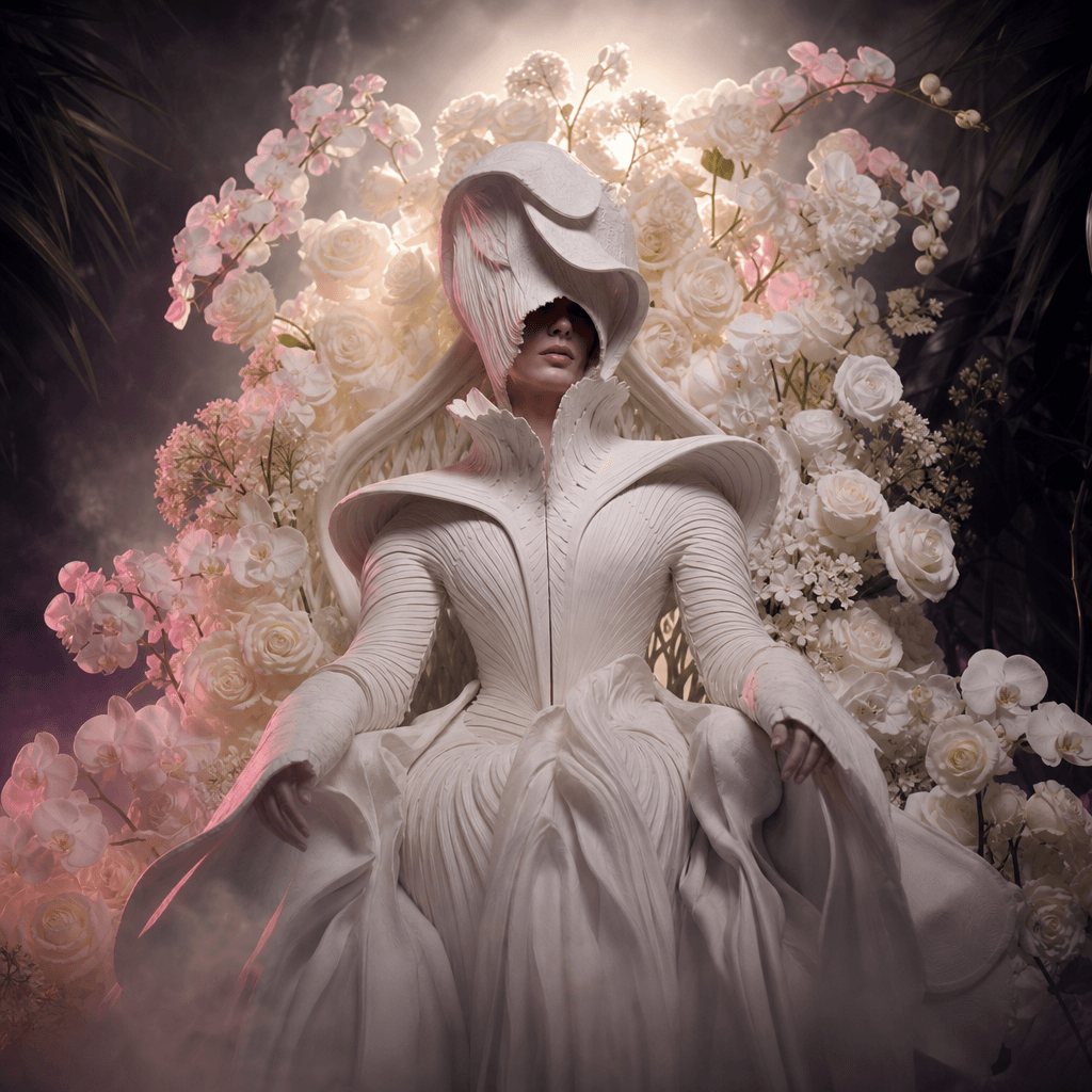 An anonymous person in an ivory sculptural outfit seated within a throne of white roses and pale orchids, surrounded by 