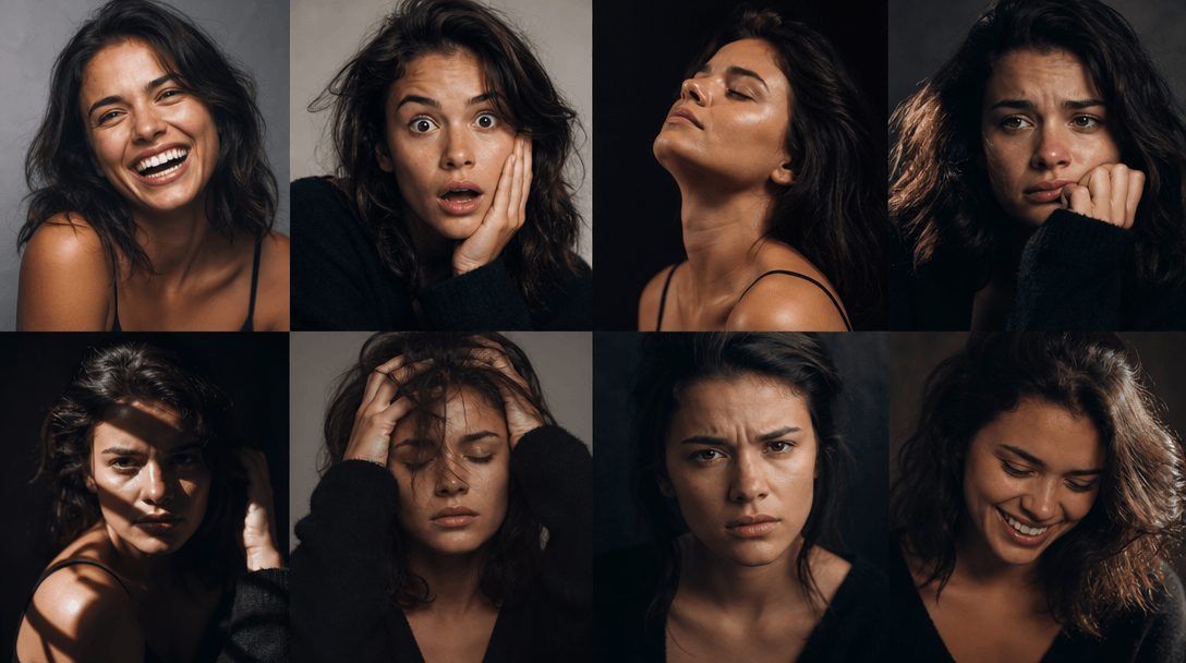 Multiple emotional moments captured—laughter, shock, vulnerability, intensity—professional studio lighting, authentic hu
