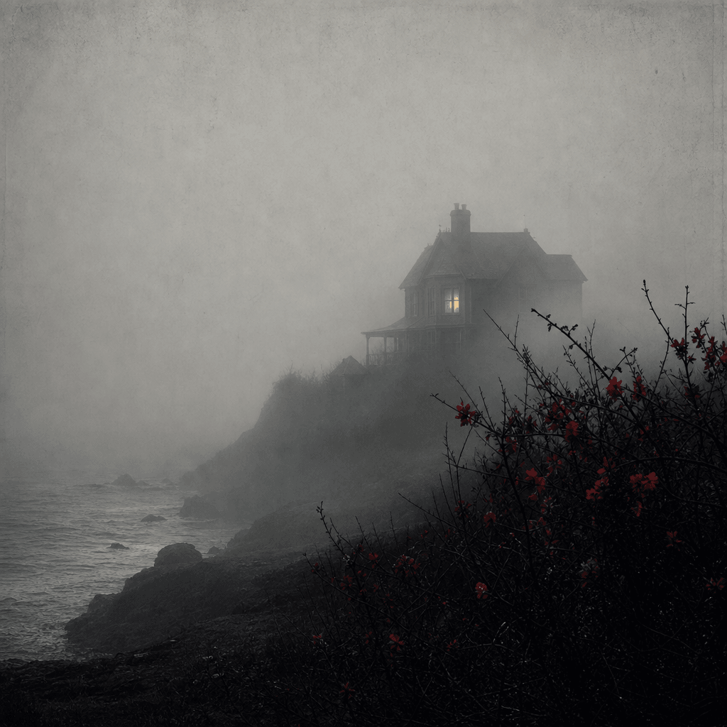 Literary mystery cover concept featuring a solitary coastal house obscured by heavy fog, one warm window glowing through