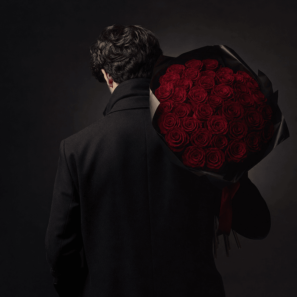 An anonymous man in a black wool coat carrying a romantic bouquet of deep red roses over one shoulder, viewed from behin