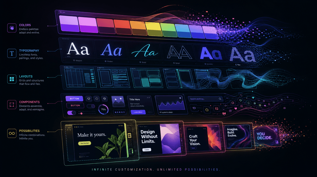 Digital design elements stacked and morphing—color swatches, typography samples, layout grids adapting and shifting, sof