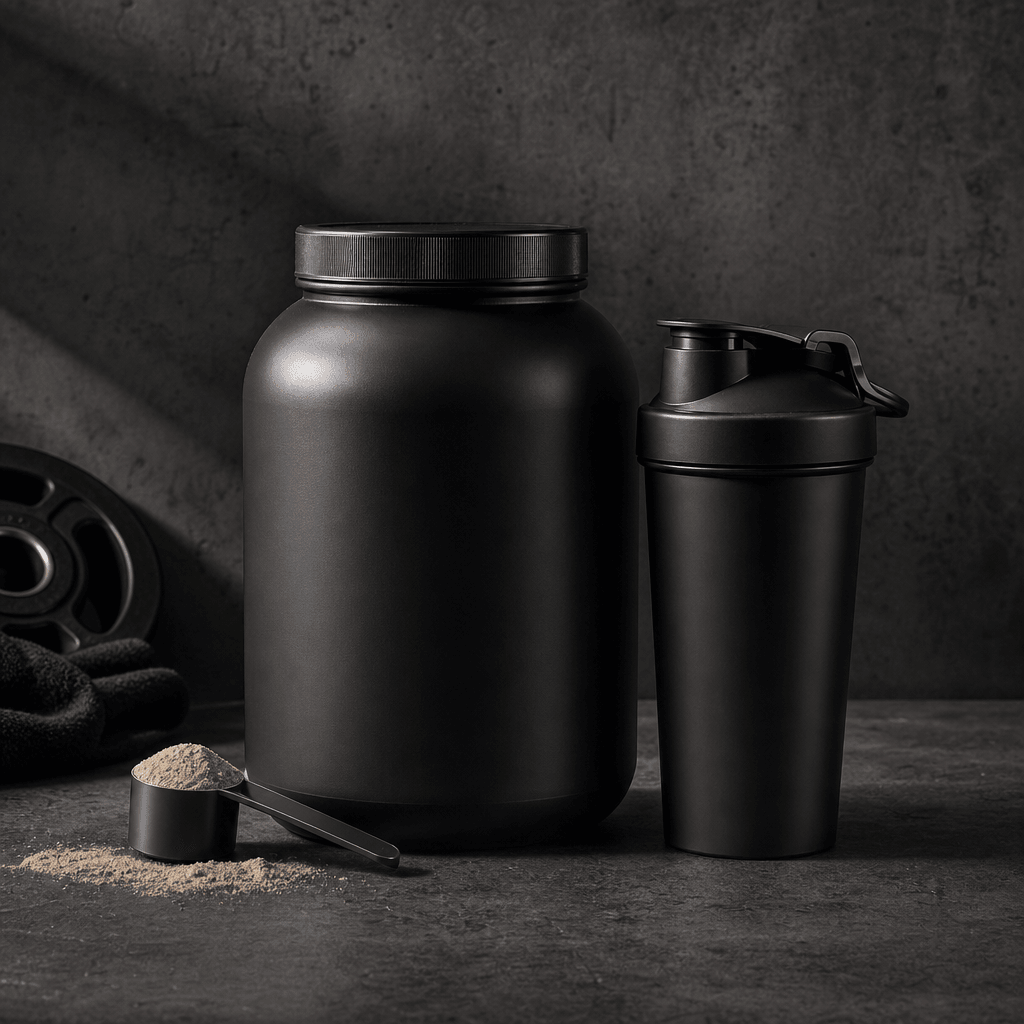 Square editorial product composition: a premium matte-black supplement tub and matching shaker arranged on a dark concre