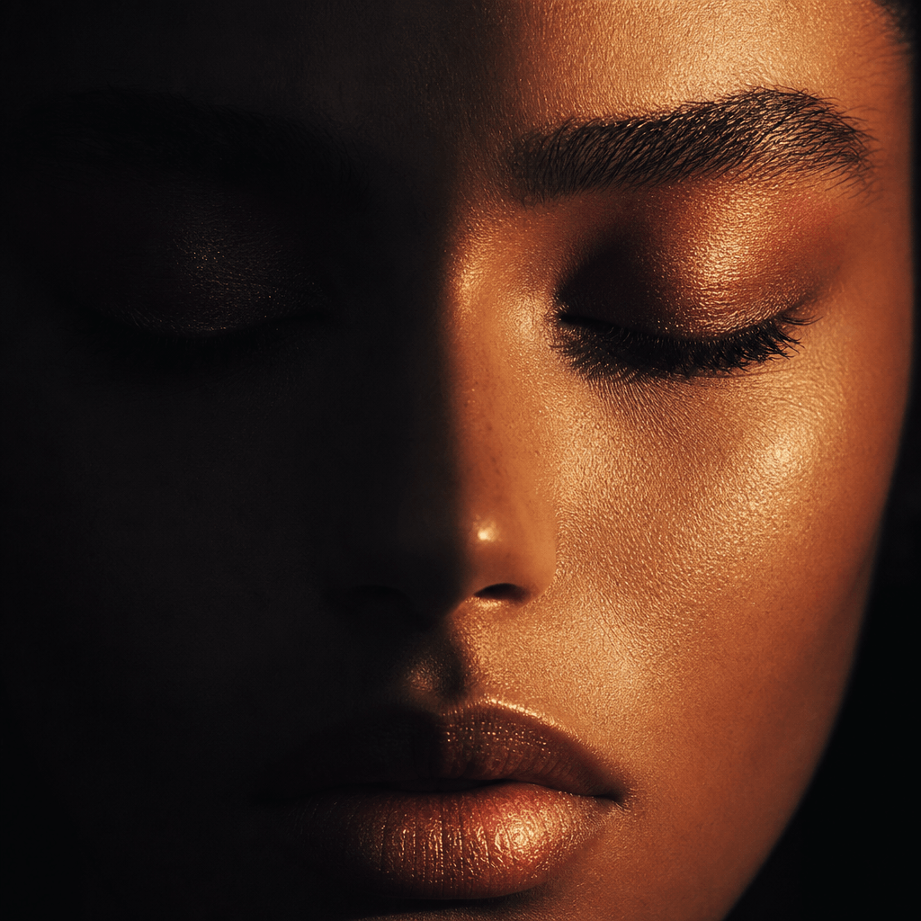 Close-up portrait editorial: dramatic split lighting on a face, one side illuminated warm amber, other side deep shadow,