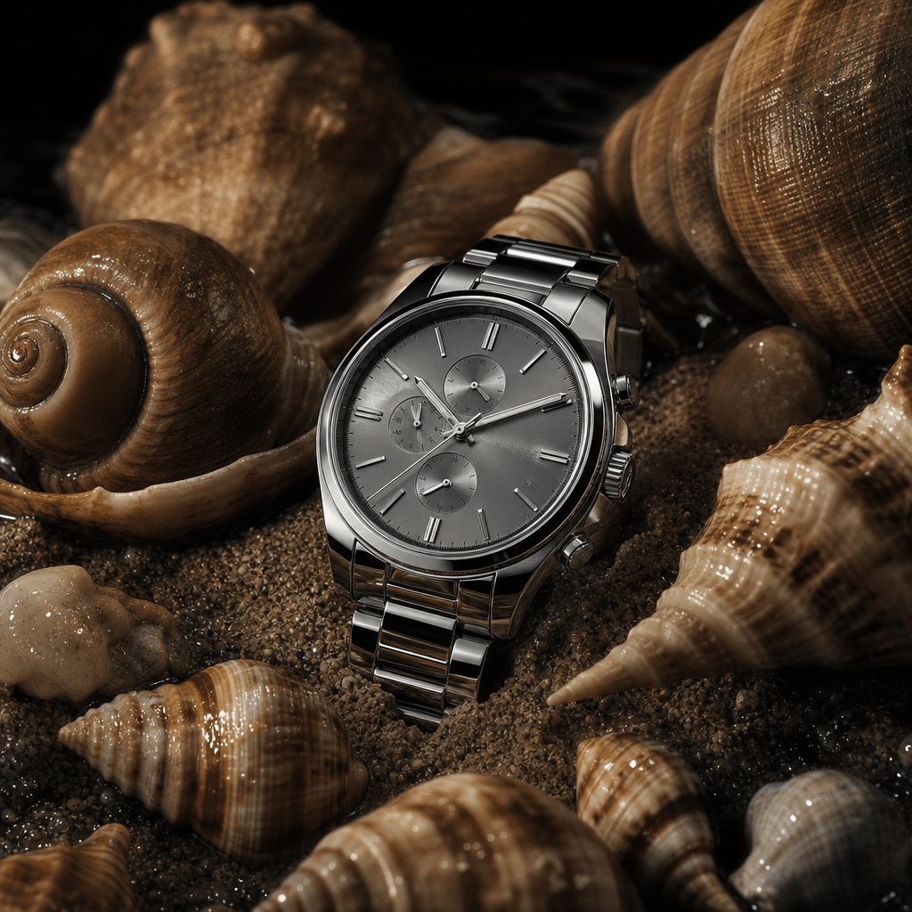 A polished silver watch nestled among spiral seashells with a faint wet sheen, luxury coastal product still life. Deep d