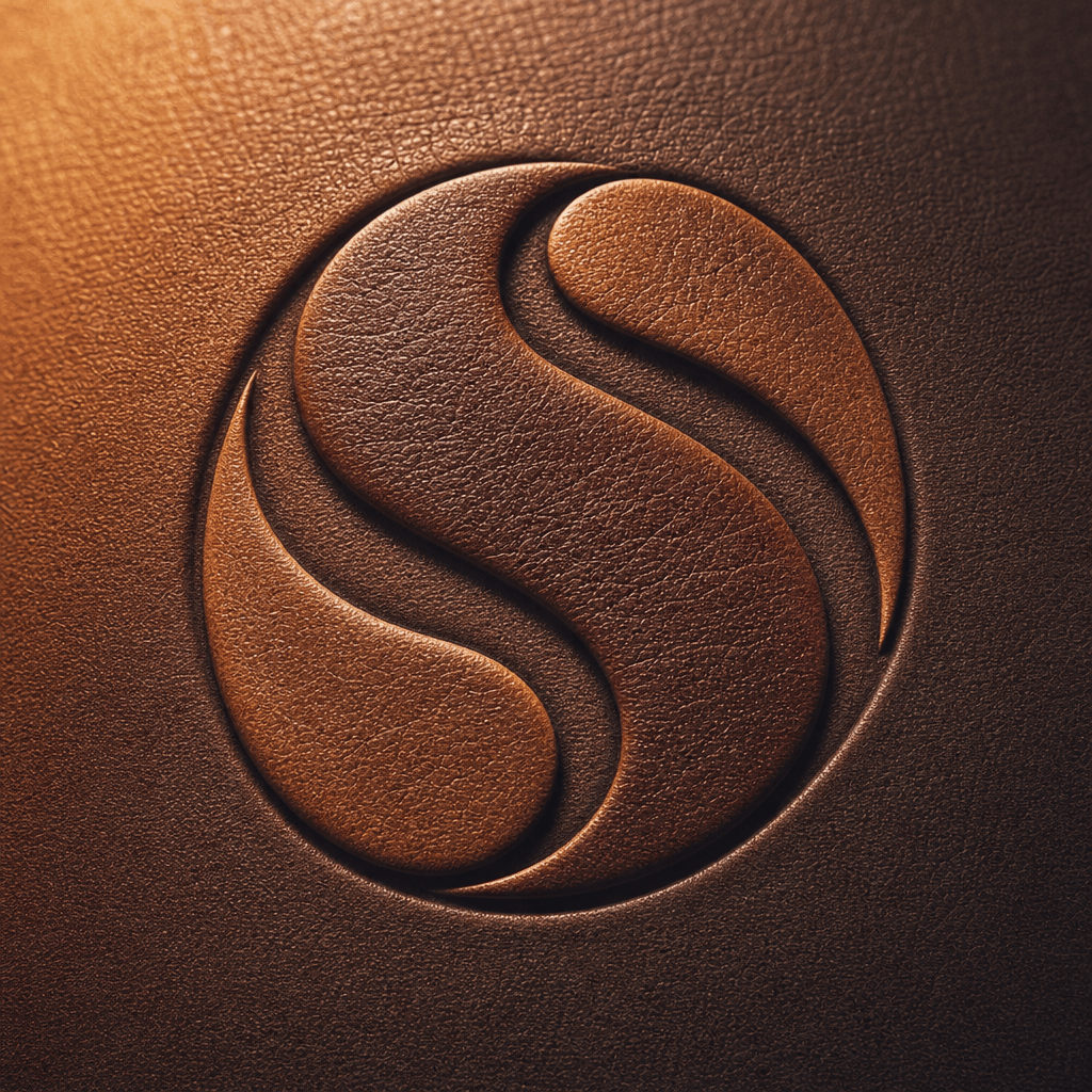 Organic curved logo with rich leather texture detail, warm studio lighting showing surface grain and dimensional relief