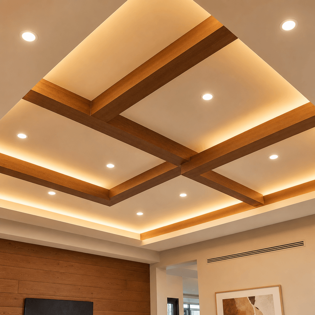 Modern geometric ceiling with recessed lighting and wooden beam detail, architectural photography style, warm color temp