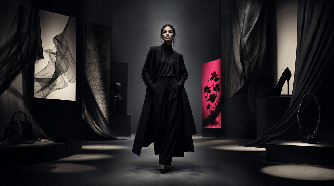 A complete black fashion look standing at the center of a dark editorial studio while fabric panels, accessory silhouett