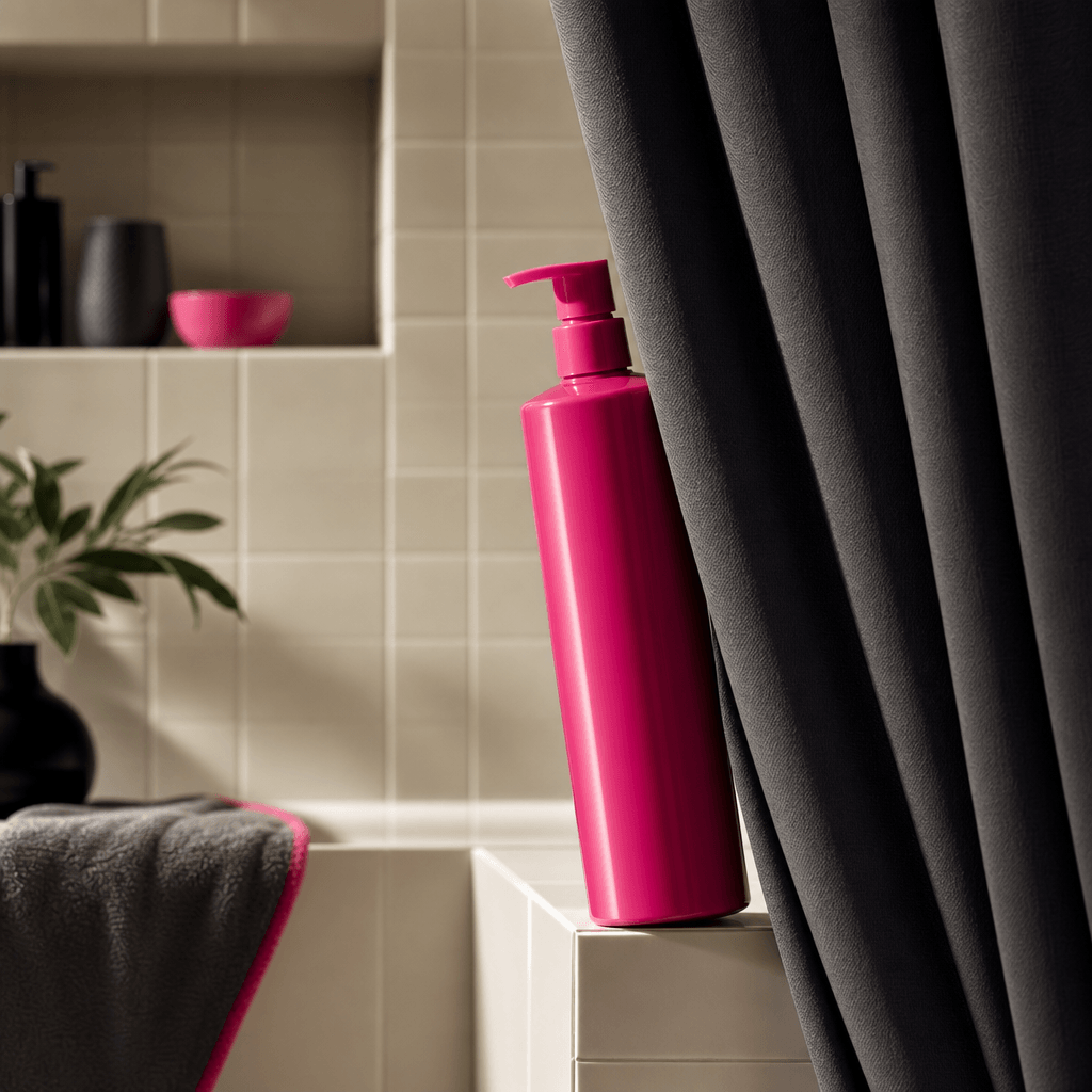 A bright haircare bottle making a playful entrance from behind a folded shower curtain, sophisticated bathroom set, cine