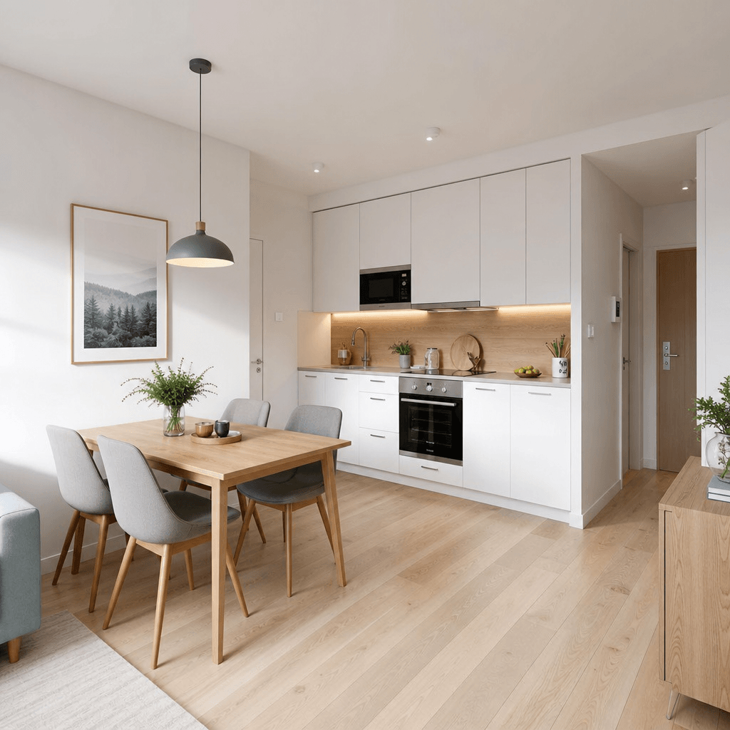 Photorealistic 3D architectural visualization of a compact apartment kitchen and dining area, bright Scandinavian minima