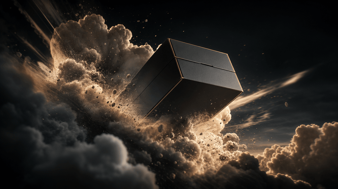 A single premium product box breaking through a sculpted cloud formation as if becoming the hero of an action film, ribb