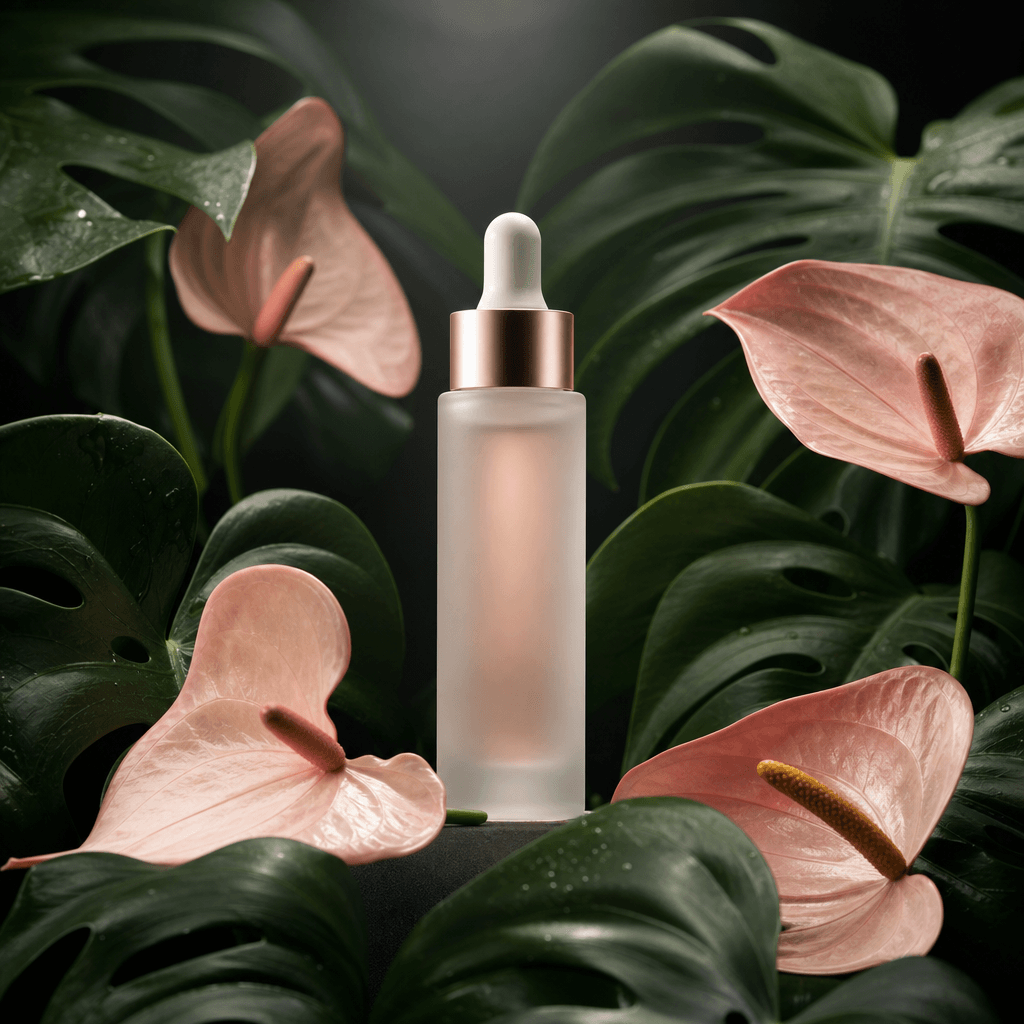 A sleek frosted glass skincare serum bottle encircled by a garden frame of lush tropical monstera leaves and soft blush 