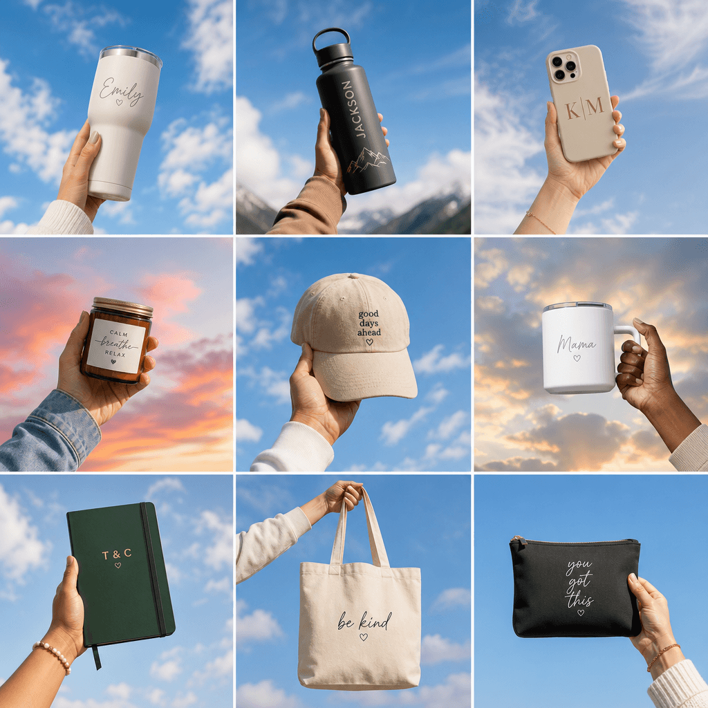 Multiple hands from different angles holding various products against different sky backdrops, showing customization var
