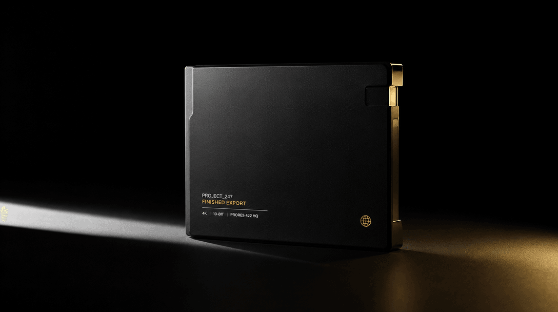 Abstract product-photography editorial of a sleek matte-black rectangular drive or film canister on a dark studio surfac