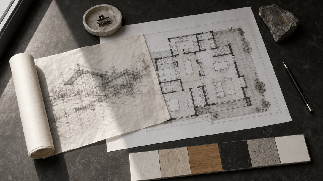 Overhead editorial flat-lay on a dark charcoal desk surface — a rolled architectural trace-paper sketch partially unfurl