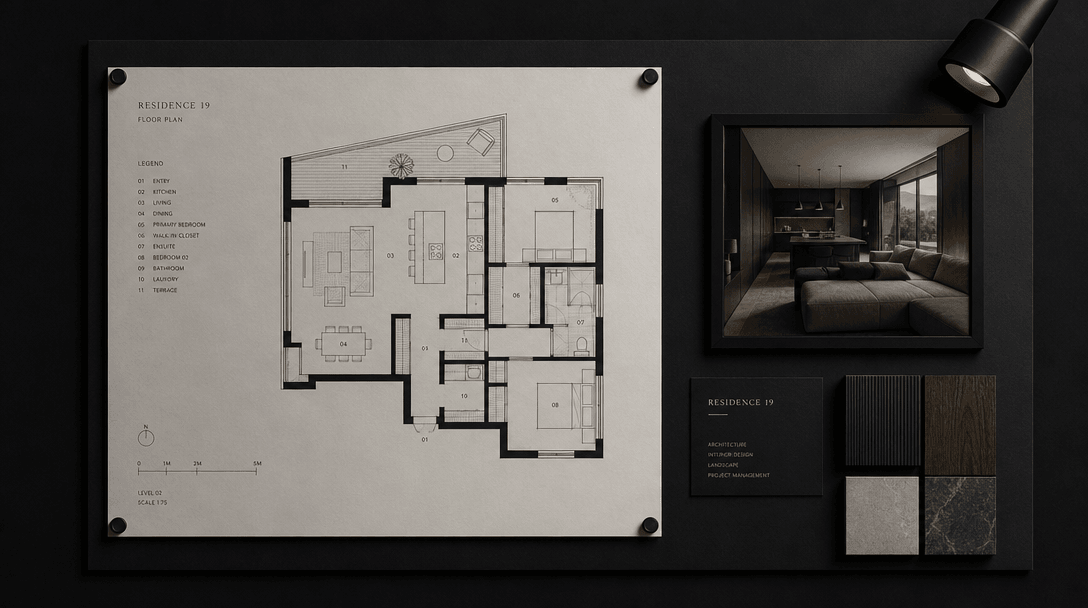 A sleek architectural floor plan document pinned to a dark editorial presentation board alongside a small framed photore