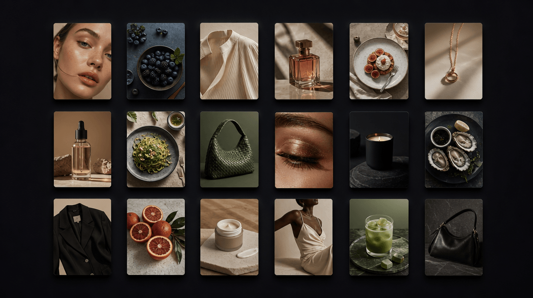 Top-down dark surface with an elegant grid arrangement of small glowing image cards in various visual categories — beaut