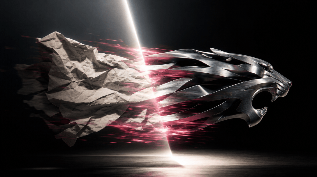 A rough paper form transforming into a precision-cut metallic campaign sculpture as it crosses a narrow band of brillian