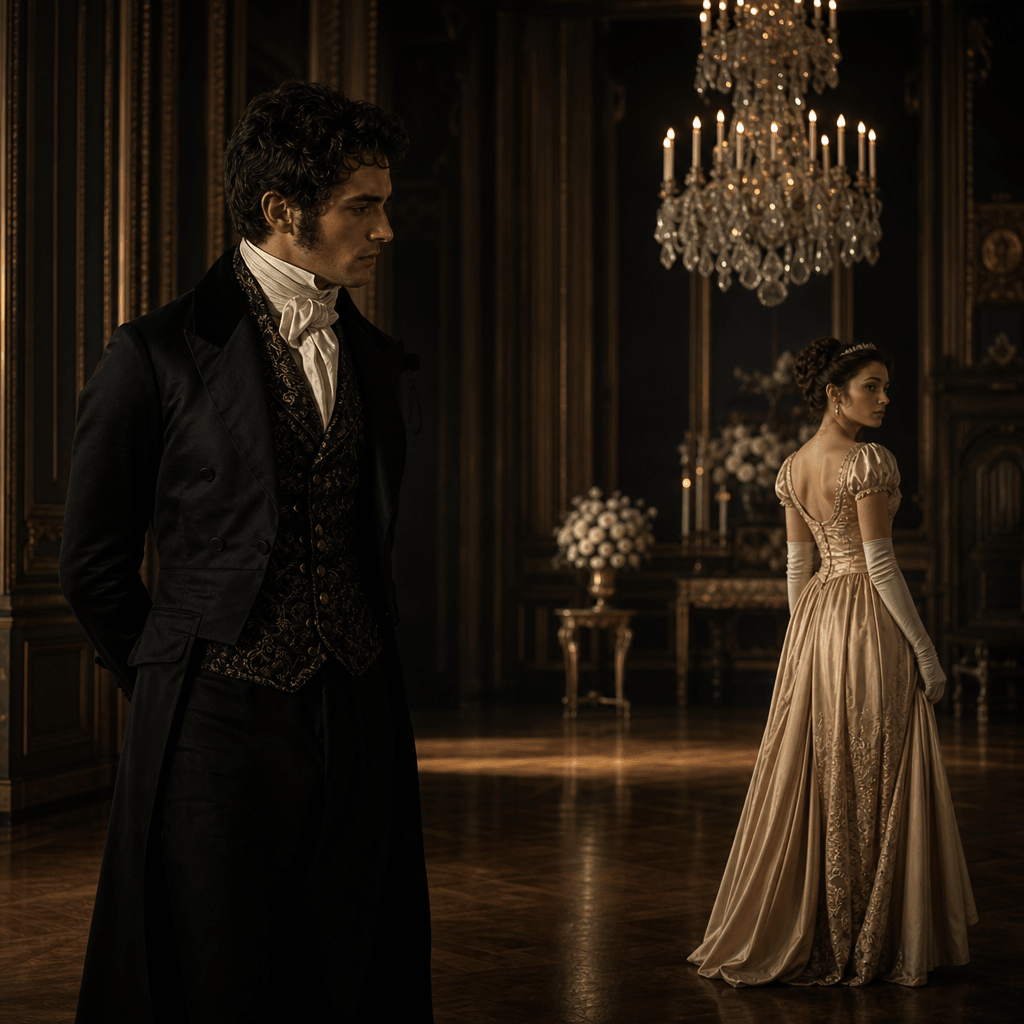 A fictional couple posed several feet apart in a grand Regency ballroom, emotional tension conveyed through posture and 