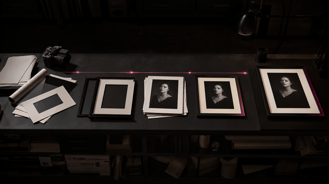 A precise arrangement of blank photographic frames and finished portrait prints moving from scattered raw materials into
