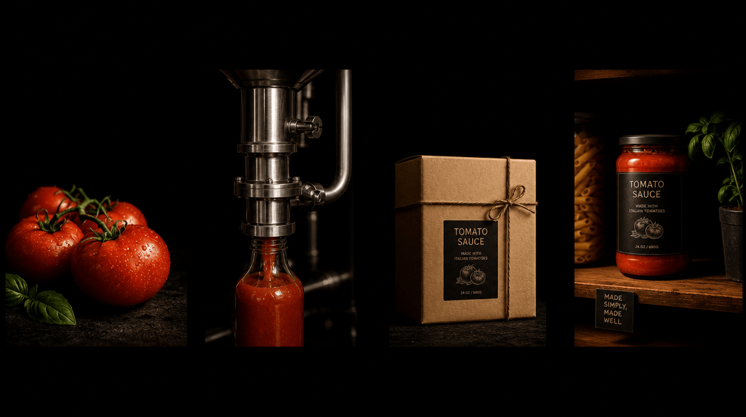 Abstract editorial concept for supply chain narrative: four distinct macro scenes arranged in a dark flat-lay compositio