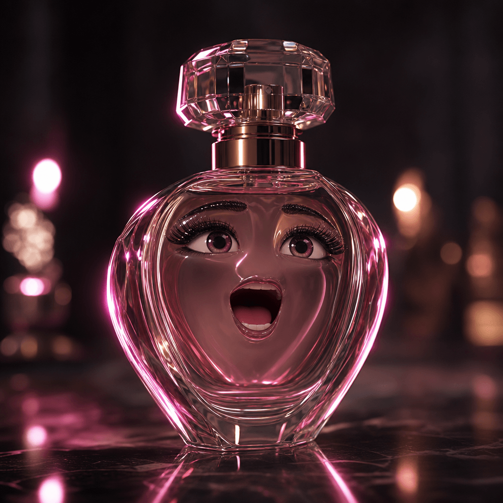 A glass perfume bottle with an animated speaking expression caught at peak mouth-open moment, cinematic soft bokeh backg