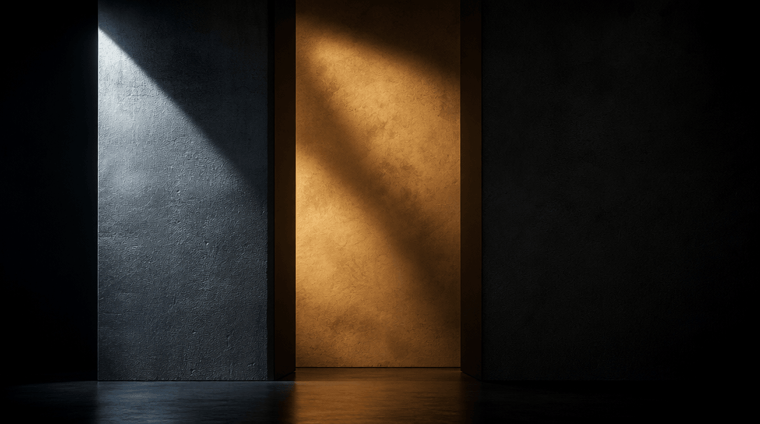 Abstract minimal editorial image: three precisely defined vertical rectangular zones of light and deep shadow on a near-