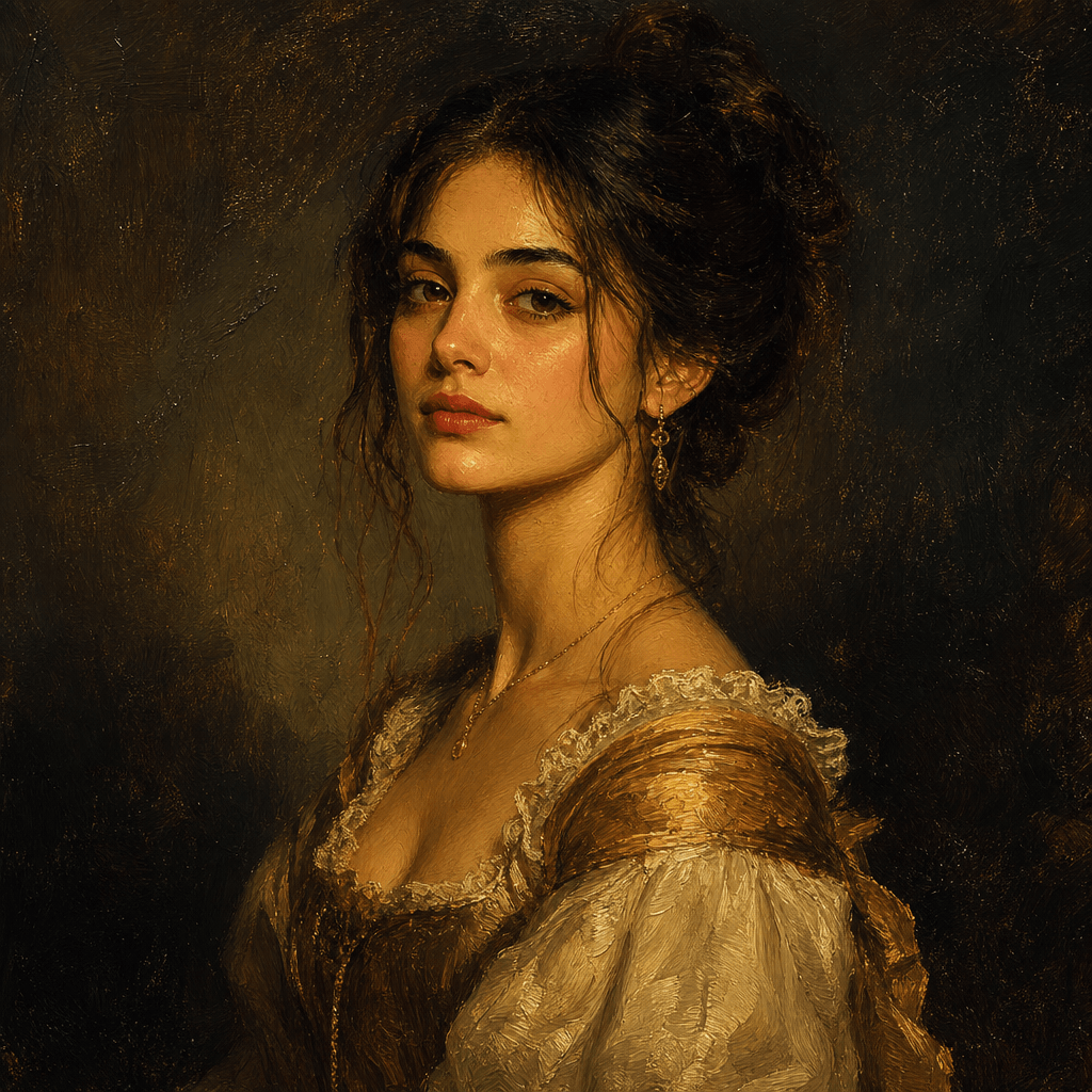 Portrait transformed into 19th century painting style with oil texture and brushstrokes, warm golden tones, dark backgro