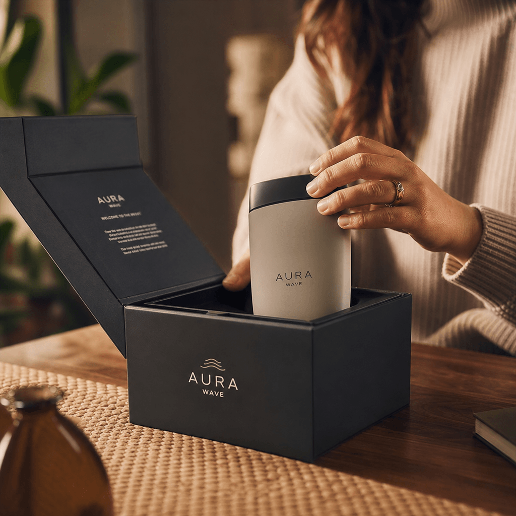 Product unboxing moment: hands removing product from branded packaging, cinematic lighting on packaging and product deta