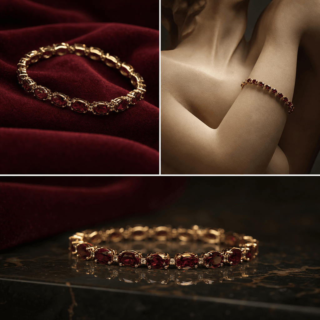 A gemstone bracelet photographed in three coordinated frames using burgundy velvet, dark polished stone, and a subtle sk