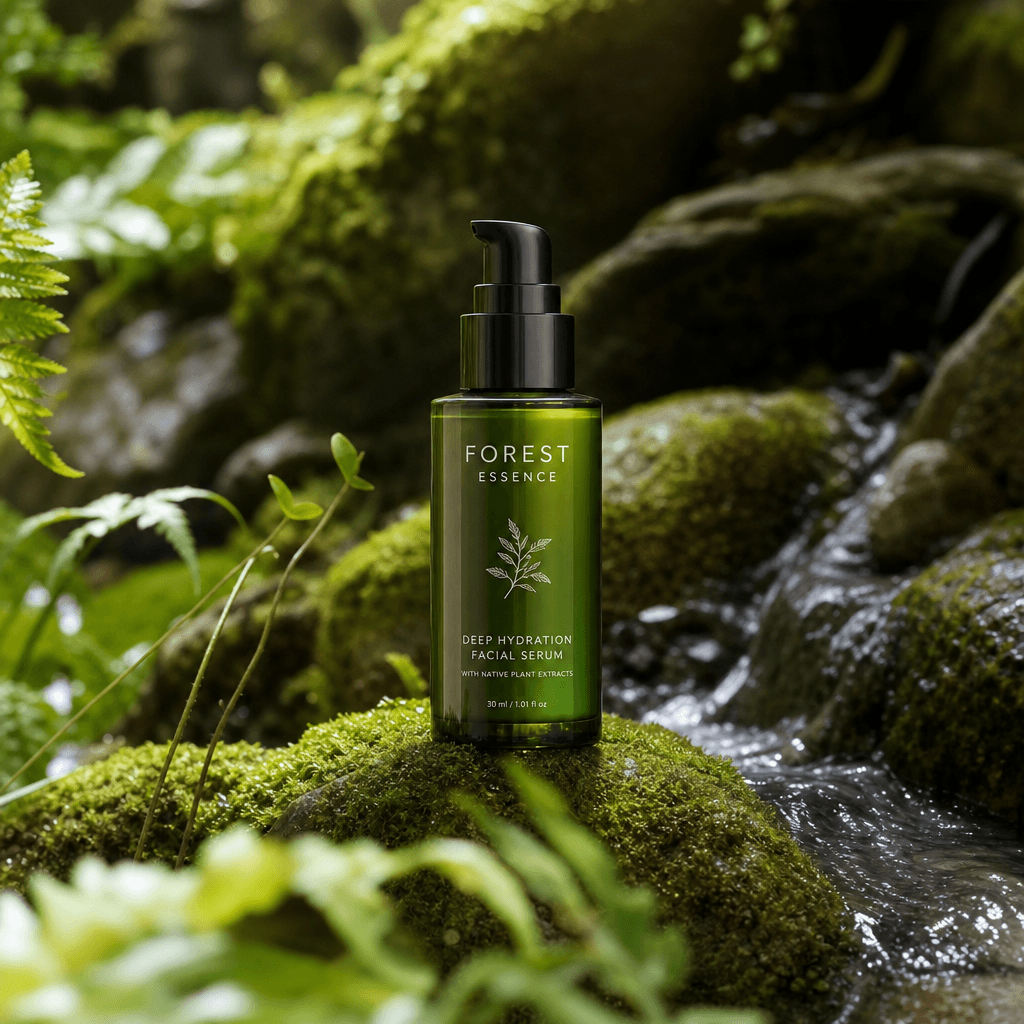 Wellness beauty product in forest setting, moss background, natural light, editorial beauty composition.