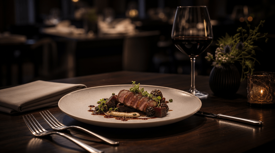 Fine dining plated dish on dark wood table with wine glass, folded napkin, and silver cutlery arranged professionally. M