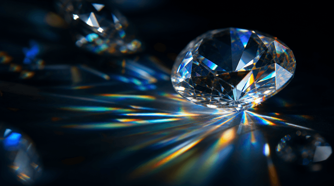 Abstract macro scene: faceted diamond surfaces catching prismatic light rays against a near-black background, cinematic 