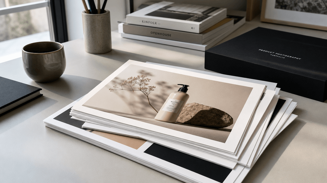 Stack of printed product photographs in a modern workspace, morning light from window, clean minimal aesthetic, professi