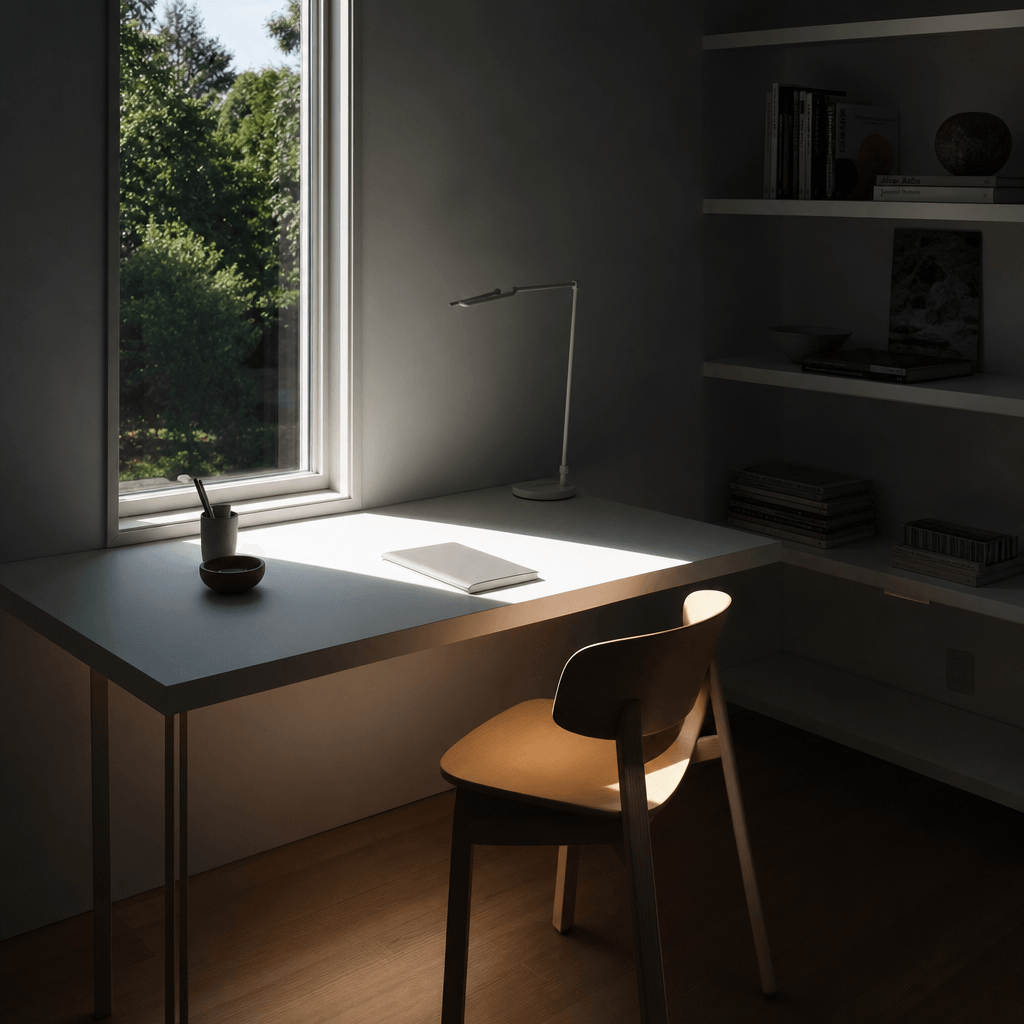 A serene minimalist home office with a single large window casting a precise rectangle of bright sunlight across a clean