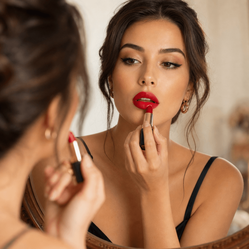 Red lipstick being applied on lips with mirror background, professional beauty photography, warm natural lighting, makeu