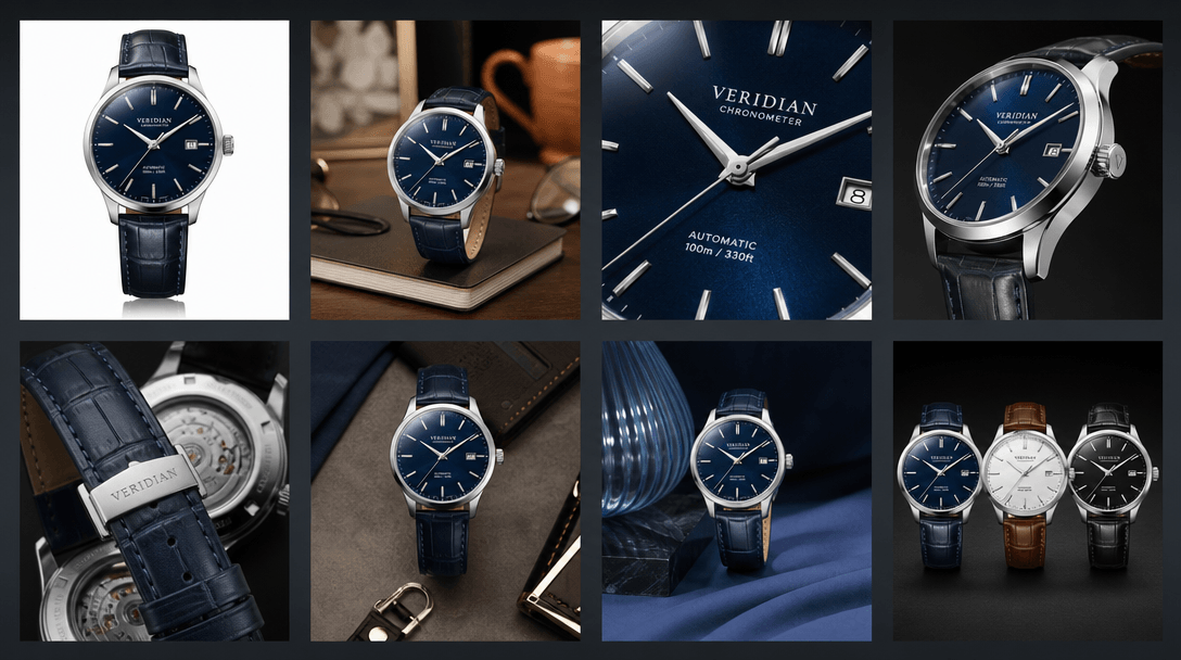 Product photography variations: same premium product shown in eight different compositions (studio white, lifestyle scen