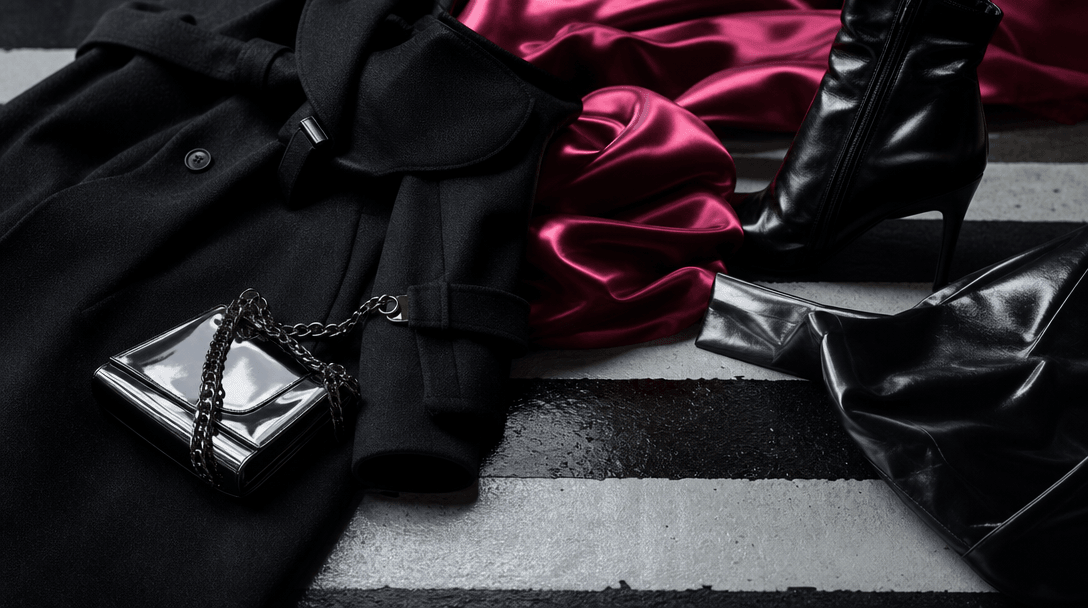 Close editorial study of luxury fashion materials in motion: tailored black wool, metallic accessories, polished leather