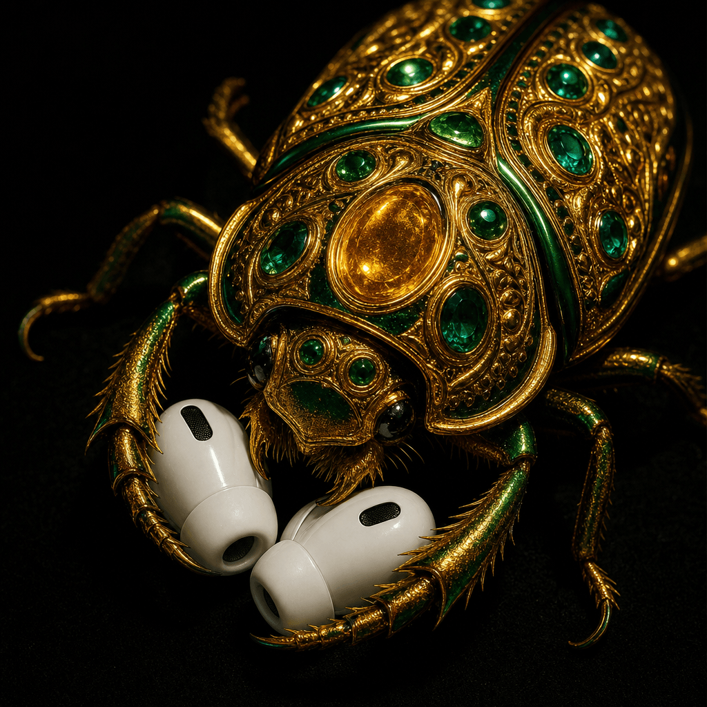 A jeweled golden scarab beetle cradling a pair of wireless earbuds in its front legs, viewed from a slightly elevated ma