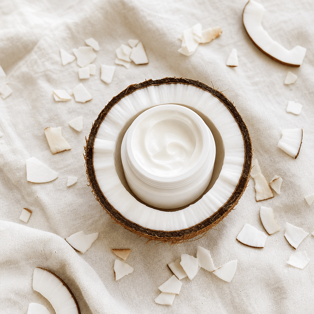 Overhead flat-lay: a white ceramic jar of moisturizer resting inside a halved coconut on a pale linen surface. Dried coc