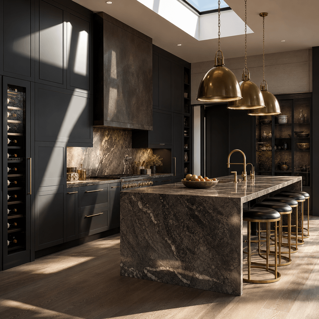 Luxury modern kitchen interior with dark slab cabinetry, brushed brass hardware, and a honed marble island. Dramatic ove