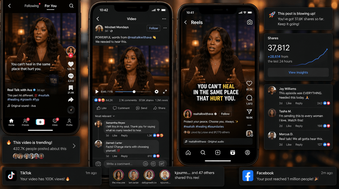 Talk show video clip playing on mobile phone screens scrolling through social media feeds, multiple shares and comments 