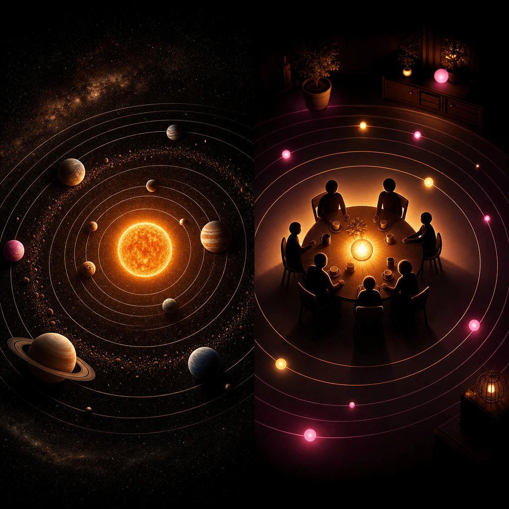 A square educational analogy scene comparing the solar system with a family gathered around a warm central table, expres